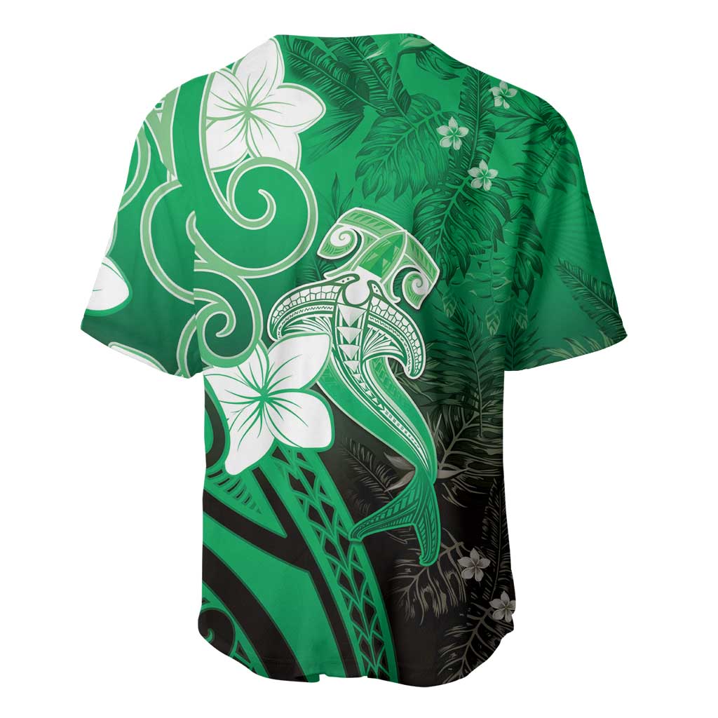 Polynesia Hammerhead Shark Baseball Jersey Green Tribal Pattern With Plumeria - Polynesian Pride