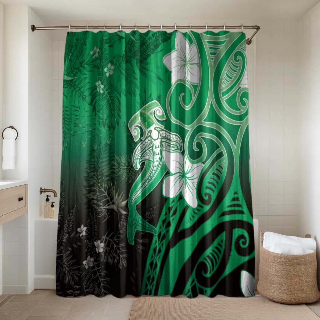 Polynesia Hammerhead Shark Bathroom Set Green Tribal Pattern With Plumeria LT05 Shower Curtain Only Green - Polynesian Pride