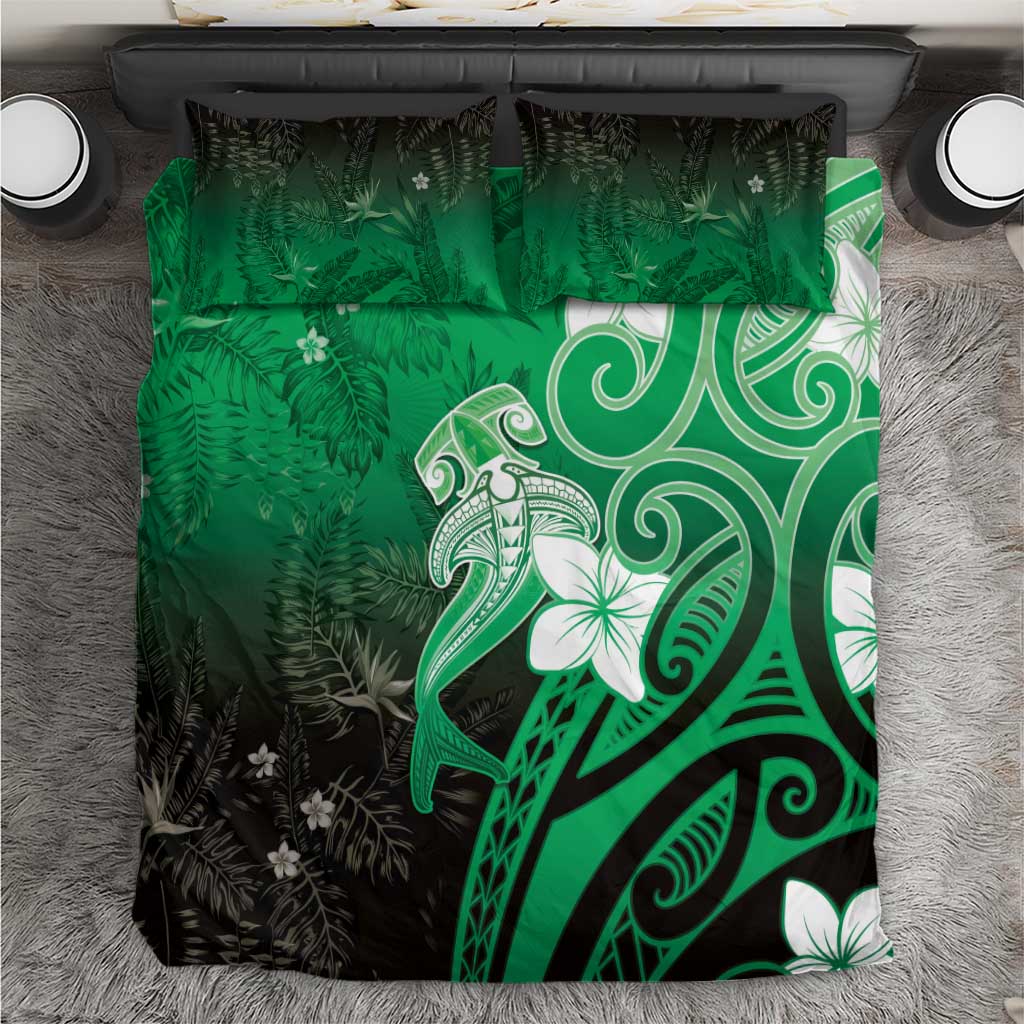 Polynesia Hammerhead Shark Bedding Set Green Tribal Pattern With Plumeria LT05 Green - Polynesian Pride
