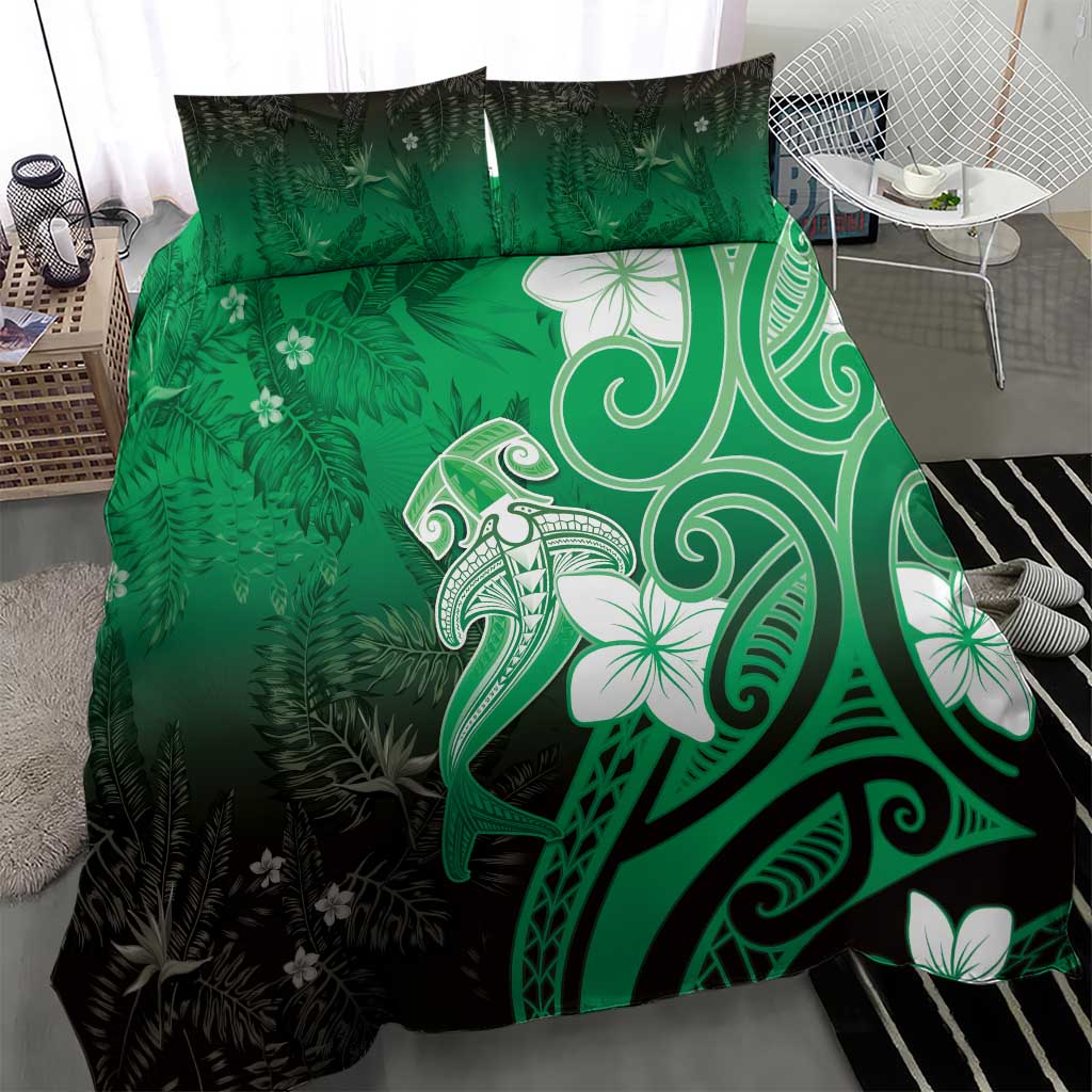 Polynesia Hammerhead Shark Bedding Set Green Tribal Pattern With Plumeria LT05 - Polynesian Pride