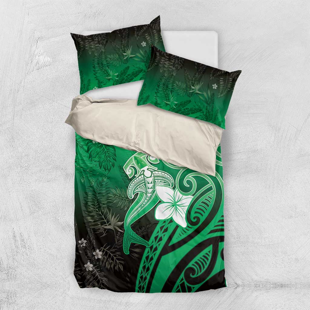 Polynesia Hammerhead Shark Bedding Set Green Tribal Pattern With Plumeria LT05 US Twin 172cm x 218cm Green - Polynesian Pride