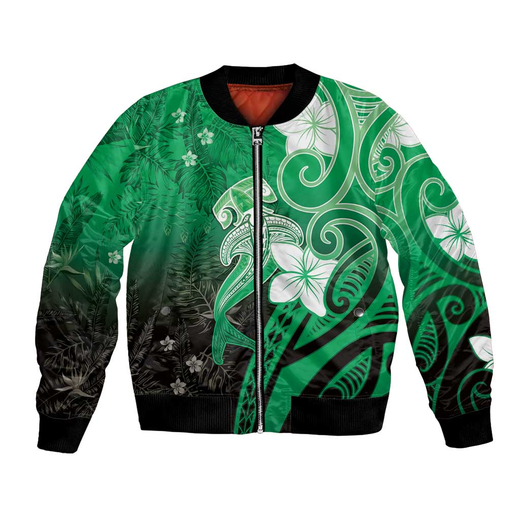 Polynesia Hammerhead Shark Bomber Jacket Green Tribal Pattern With Plumeria LT05 Unisex Green - Polynesian Pride
