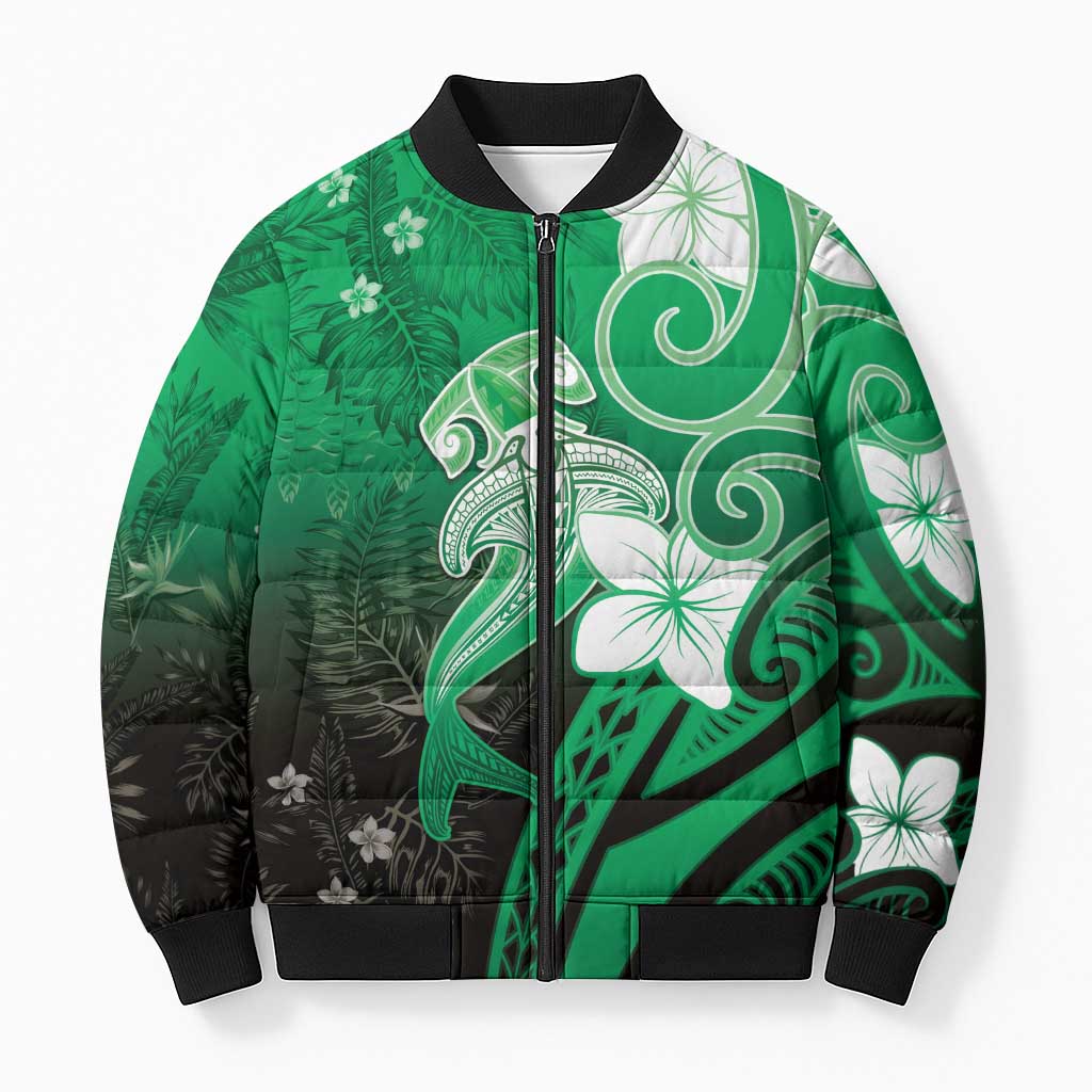 Polynesia Hammerhead Shark Bomber Puffer Jacket Green Tribal Pattern With Plumeria LT05 Unisex Green - Polynesian Pride