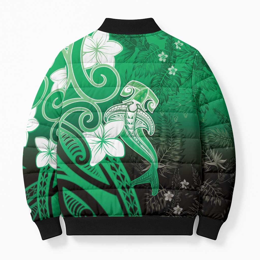 Polynesia Hammerhead Shark Bomber Puffer Jacket Green Tribal Pattern With Plumeria - Polynesian Pride