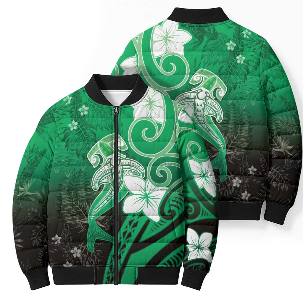 Polynesia Hammerhead Shark Bomber Puffer Jacket Green Tribal Pattern With Plumeria - Polynesian Pride