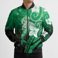 Polynesia Hammerhead Shark Bomber Puffer Jacket Green Tribal Pattern With Plumeria - Polynesian Pride