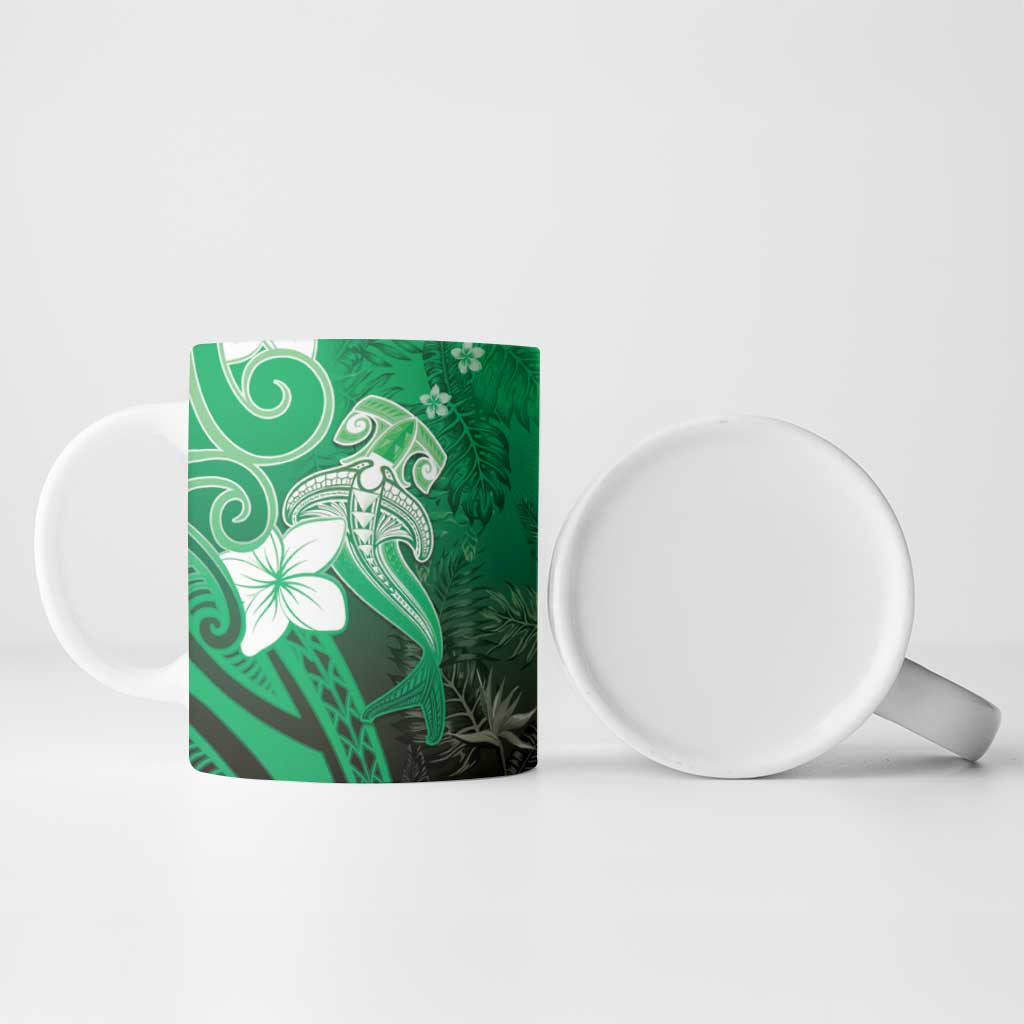 Polynesia Hammerhead Shark Ceramic Mug Green Tribal Pattern With Plumeria LT05 - Polynesian Pride