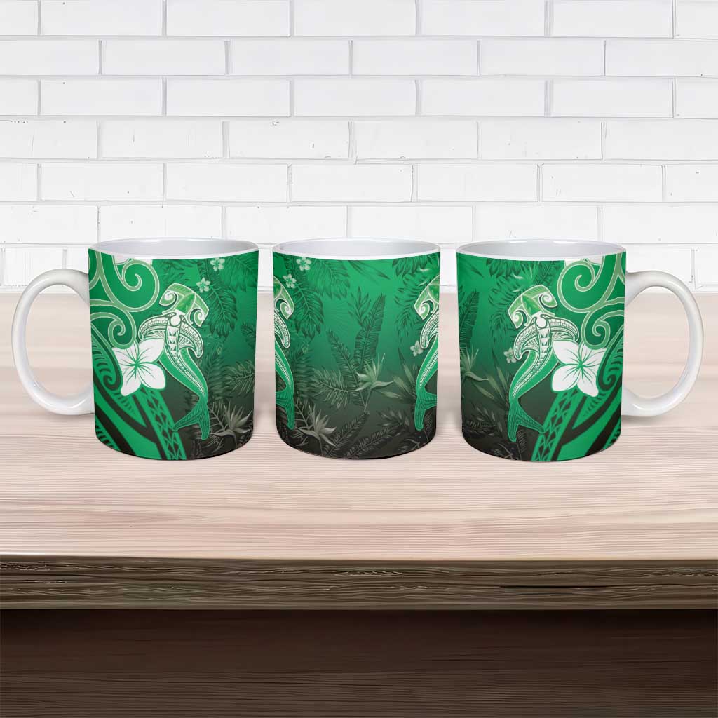 Polynesia Hammerhead Shark Ceramic Mug Green Tribal Pattern With Plumeria LT05 - Polynesian Pride