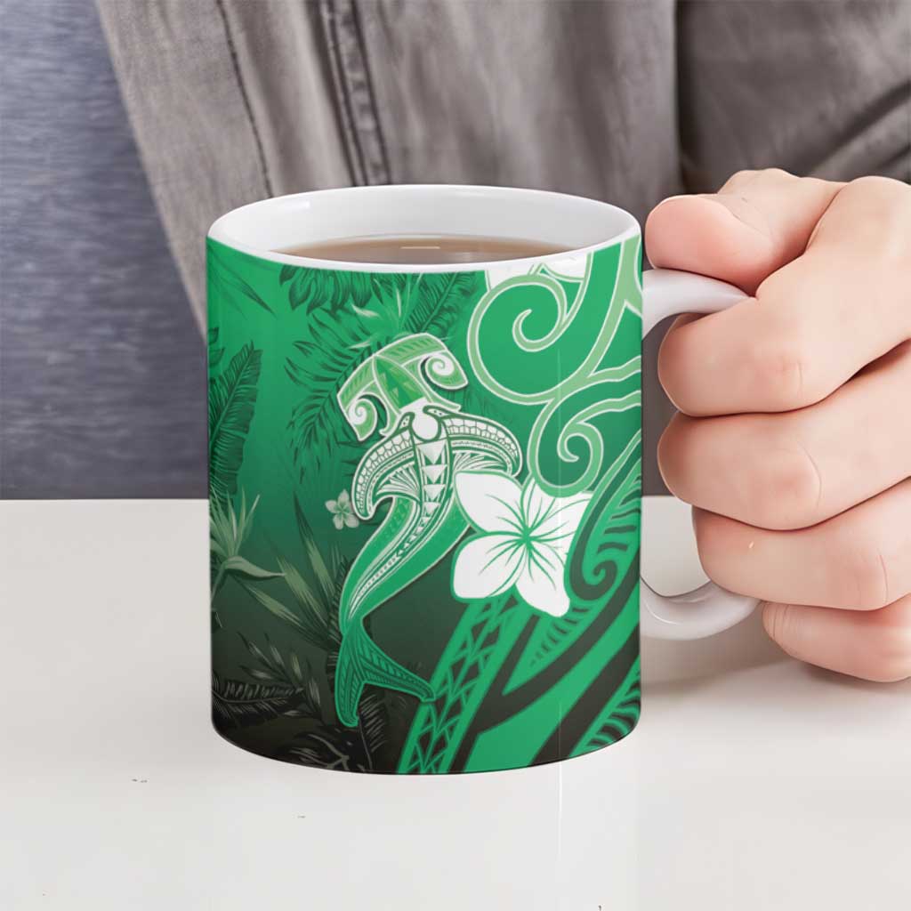 Polynesia Hammerhead Shark Ceramic Mug Green Tribal Pattern With Plumeria LT05 - Polynesian Pride