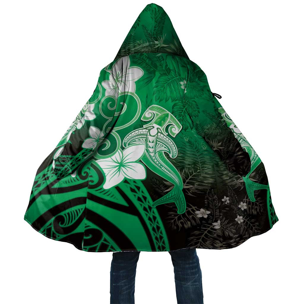 Polynesia Hammerhead Shark Cloak Green Tribal Pattern With Plumeria - Polynesian Pride