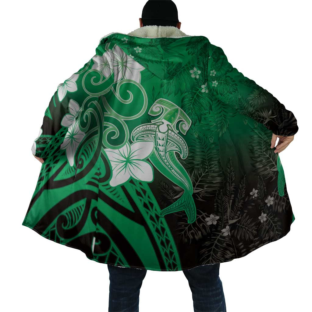 Polynesia Hammerhead Shark Cloak Green Tribal Pattern With Plumeria - Polynesian Pride