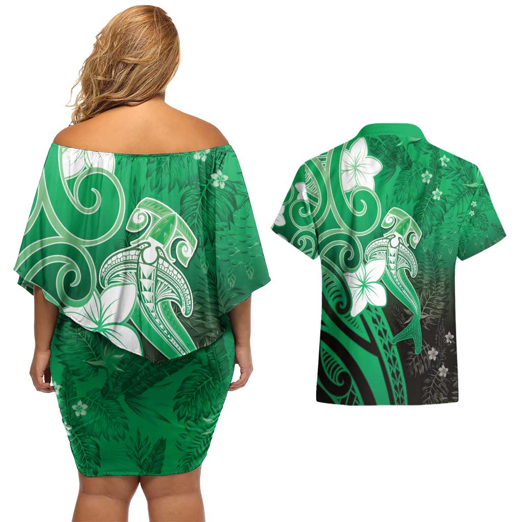 Polynesia Hammerhead Shark Couples Matching Off Shoulder Short Dress and Hawaiian Shirt Green Tribal Pattern With Plumeria - Polynesian Pride