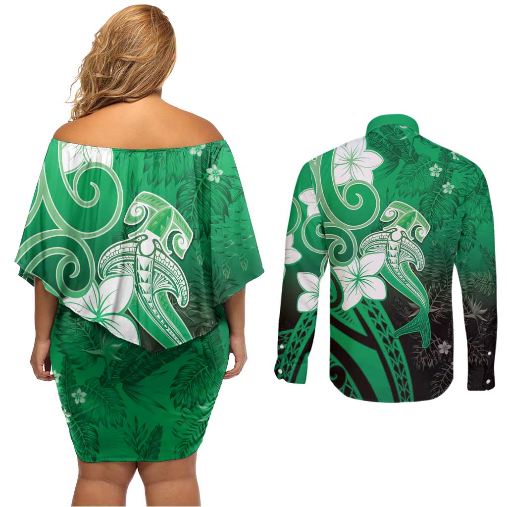 Polynesia Hammerhead Shark Couples Matching Off Shoulder Short Dress and Long Sleeve Button Shirt Green Tribal Pattern With Plumeria - Polynesian Pride
