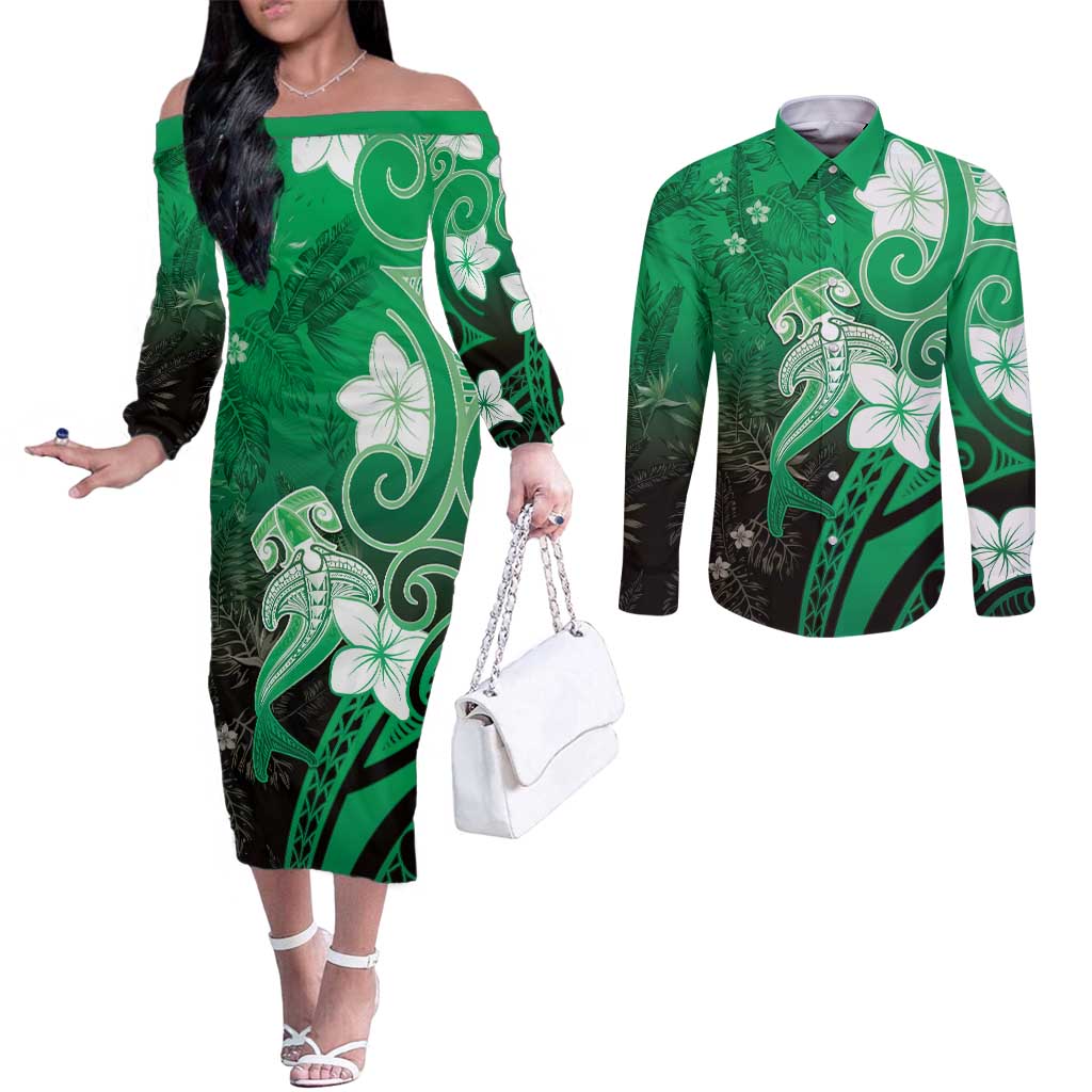 Polynesia Hammerhead Shark Couples Matching Off The Shoulder Long Sleeve Dress and Long Sleeve Button Shirt Green Tribal Pattern With Plumeria LT05 Green - Polynesian Pride