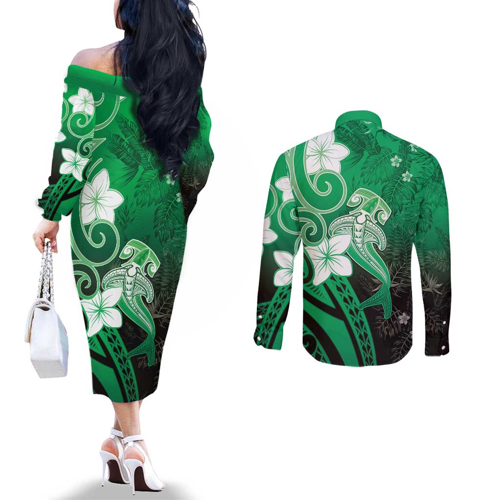 Polynesia Hammerhead Shark Couples Matching Off The Shoulder Long Sleeve Dress and Long Sleeve Button Shirt Green Tribal Pattern With Plumeria LT05 - Polynesian Pride