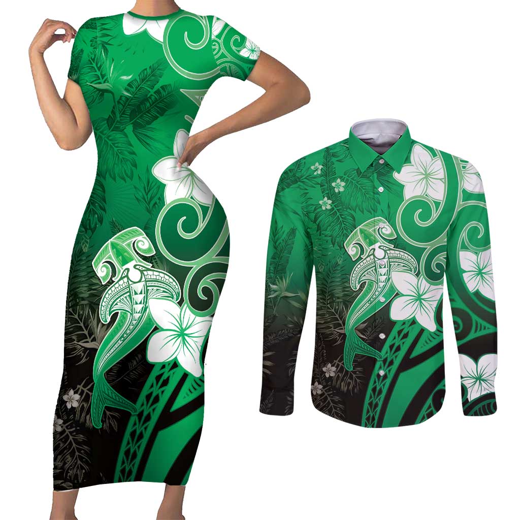 Polynesia Hammerhead Shark Couples Matching Short Sleeve Bodycon Dress and Long Sleeve Button Shirt Green Tribal Pattern With Plumeria LT05 Green - Polynesian Pride