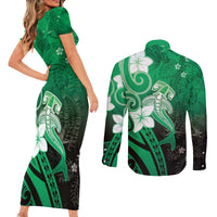Polynesia Hammerhead Shark Couples Matching Short Sleeve Bodycon Dress and Long Sleeve Button Shirt Green Tribal Pattern With Plumeria - Polynesian Pride