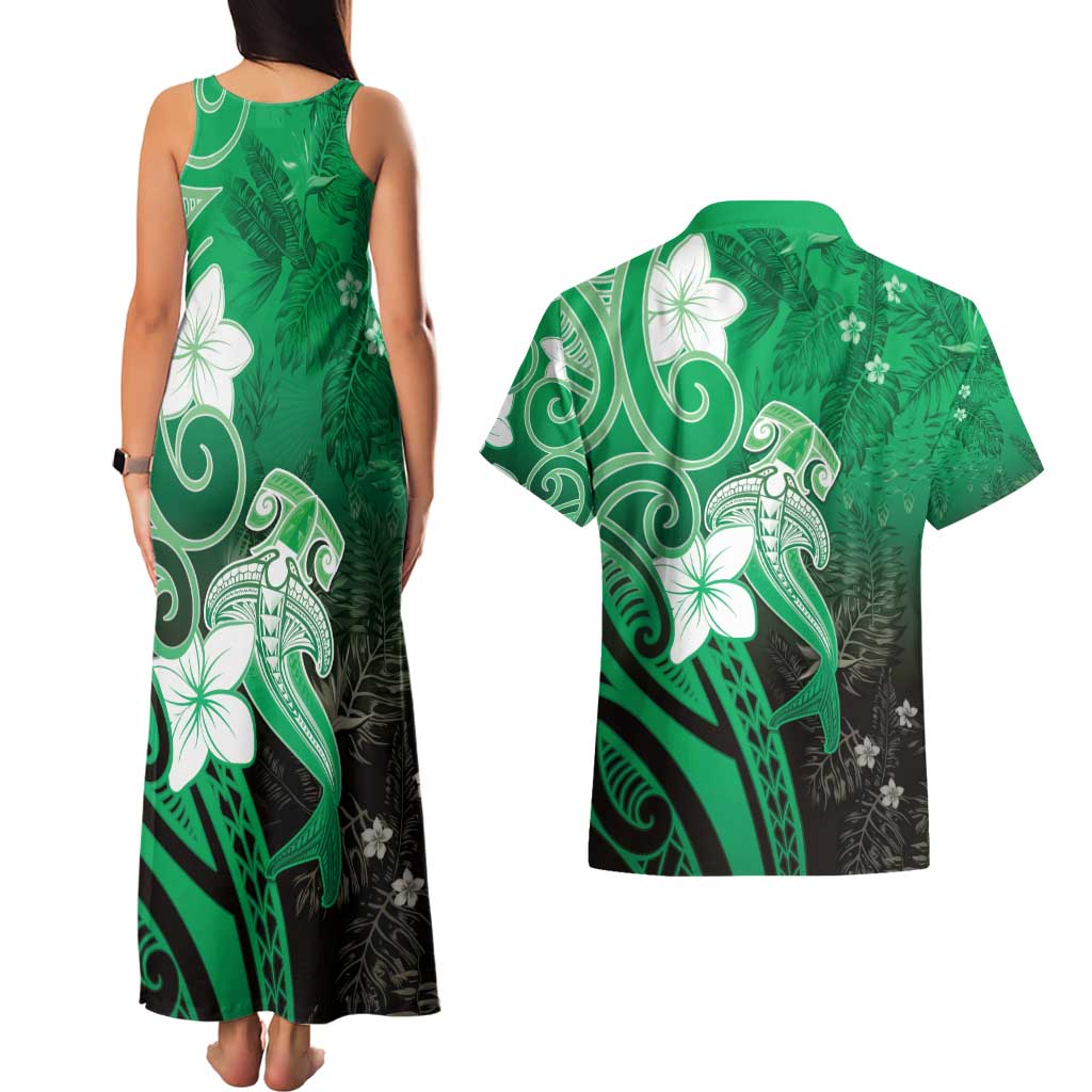 Polynesia Hammerhead Shark Couples Matching Tank Maxi Dress and Hawaiian Shirt Green Tribal Pattern With Plumeria LT05 - Polynesian Pride