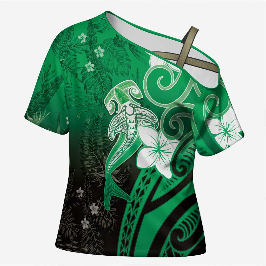 Polynesia Hammerhead Shark Cross Shoulder Shirt Green Tribal Pattern With Plumeria - Polynesian Pride