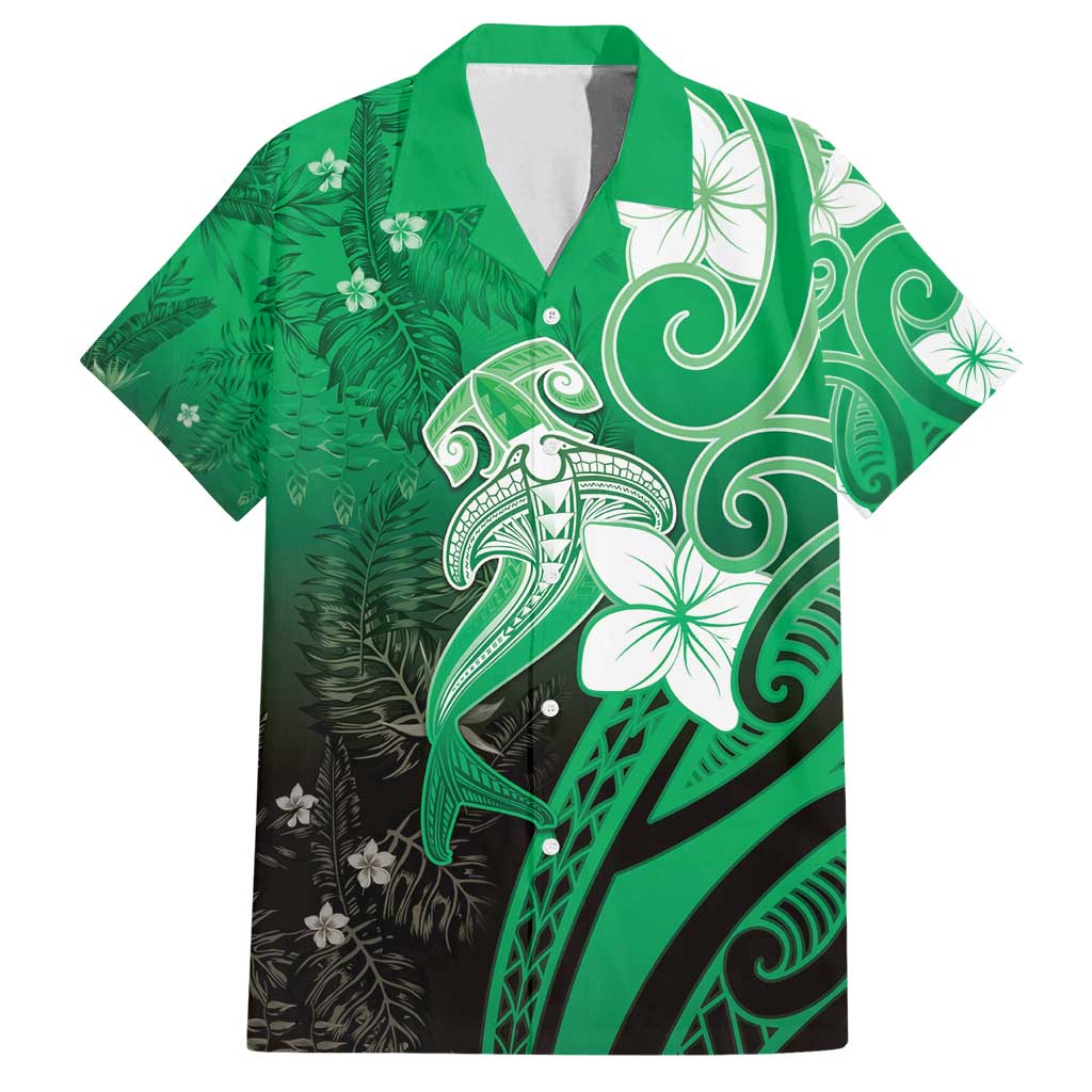 Polynesia Hammerhead Shark Family Matching Long Sleeve Bodycon Dress and Hawaiian Shirt Green Tribal Pattern With Plumeria - Polynesian Pride