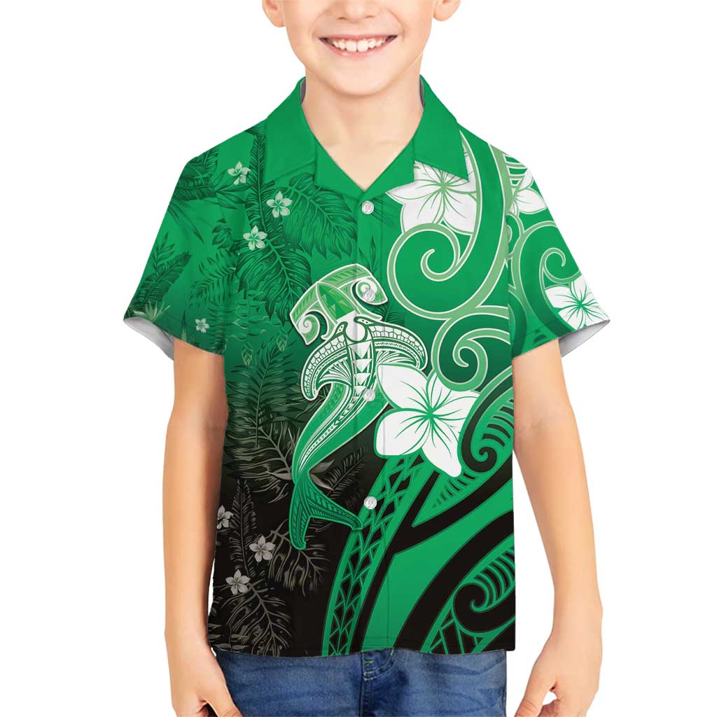 Polynesia Hammerhead Shark Family Matching Long Sleeve Bodycon Dress and Hawaiian Shirt Green Tribal Pattern With Plumeria - Polynesian Pride