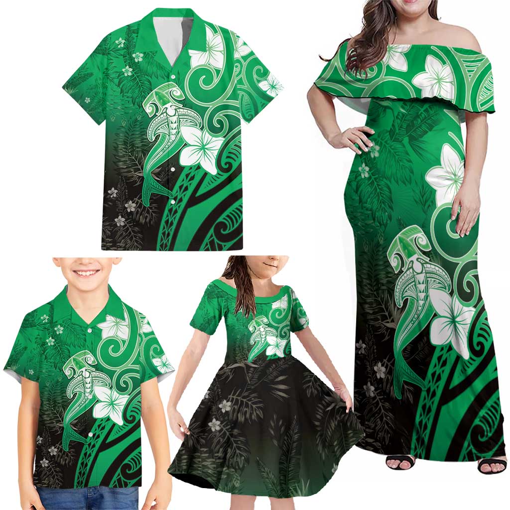 Polynesia Hammerhead Shark Family Matching Off Shoulder Maxi Dress and Hawaiian Shirt Green Tribal Pattern With Plumeria LT05 - Polynesian Pride