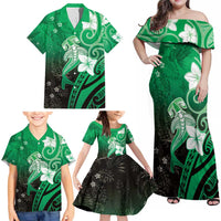 Polynesia Hammerhead Shark Family Matching Off Shoulder Maxi Dress and Hawaiian Shirt Green Tribal Pattern With Plumeria LT05 - Polynesian Pride