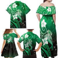 Polynesia Hammerhead Shark Family Matching Off Shoulder Maxi Dress and Hawaiian Shirt Green Tribal Pattern With Plumeria LT05 - Polynesian Pride