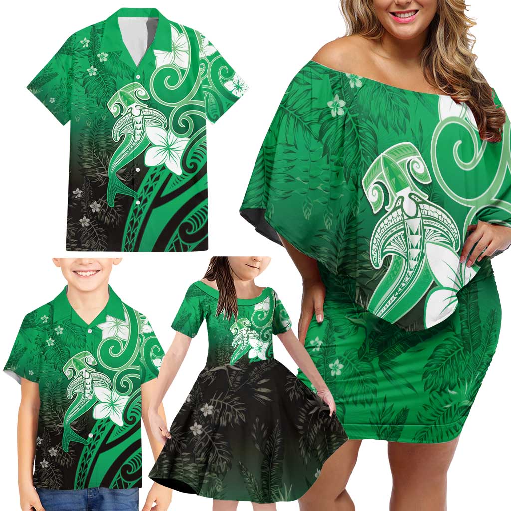 Polynesia Hammerhead Shark Family Matching Off Shoulder Short Dress and Hawaiian Shirt Green Tribal Pattern With Plumeria LT05 - Polynesian Pride