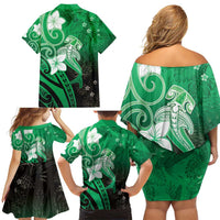 Polynesia Hammerhead Shark Family Matching Off Shoulder Short Dress and Hawaiian Shirt Green Tribal Pattern With Plumeria LT05 - Polynesian Pride
