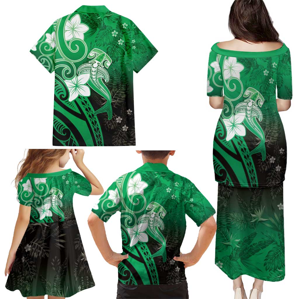 Polynesia Hammerhead Shark Family Matching Puletasi and Hawaiian Shirt Green Tribal Pattern With Plumeria LT05 - Polynesian Pride
