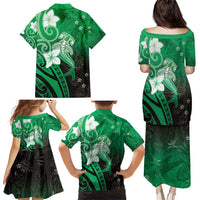 Polynesia Hammerhead Shark Family Matching Puletasi and Hawaiian Shirt Green Tribal Pattern With Plumeria LT05 - Polynesian Pride