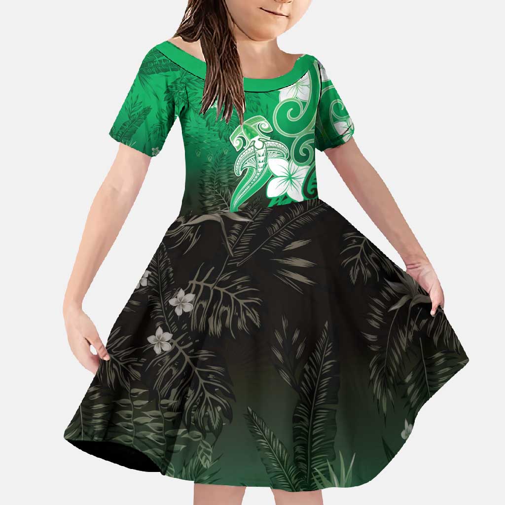 Polynesia Hammerhead Shark Family Matching Summer Maxi Dress and Hawaiian Shirt Green Tribal Pattern With Plumeria LT05 Daughter's Dress Green - Polynesian Pride