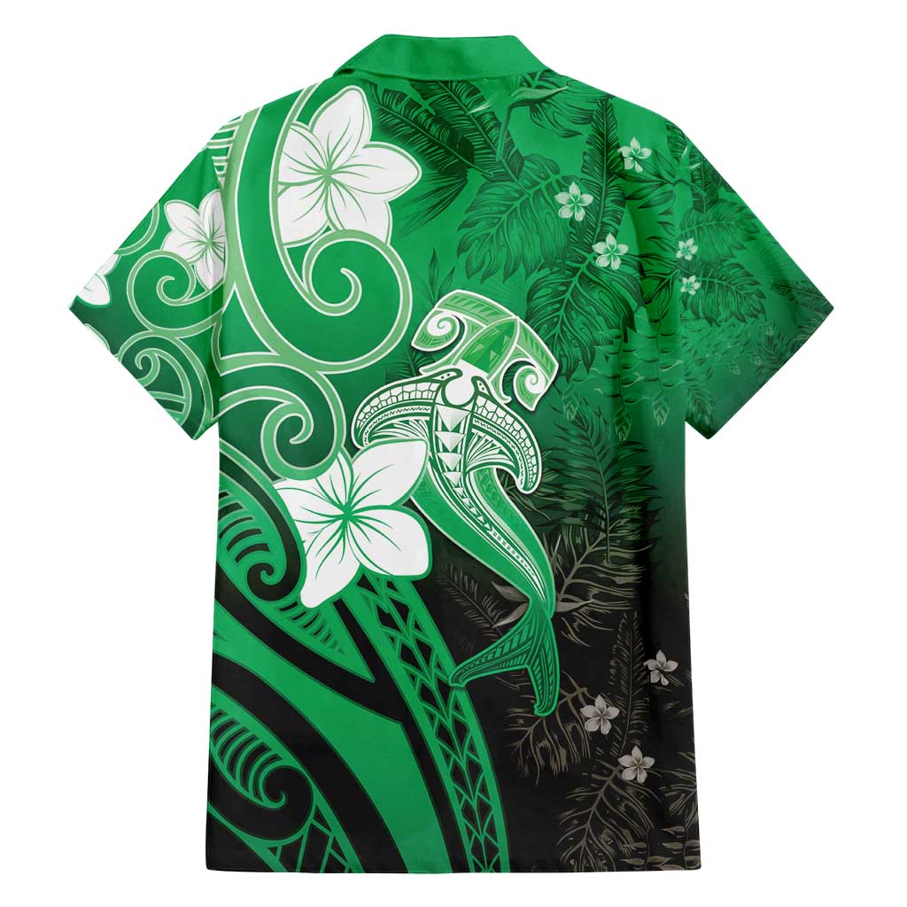Polynesia Hammerhead Shark Family Matching Summer Maxi Dress and Hawaiian Shirt Green Tribal Pattern With Plumeria LT05 - Polynesian Pride