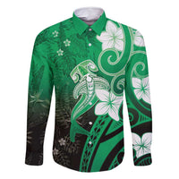Polynesia Hammerhead Shark Family Matching Summer Maxi Dress and Hawaiian Shirt Green Tribal Pattern With Plumeria LT05 Dad's Shirt - Long Sleeve Green - Polynesian Pride
