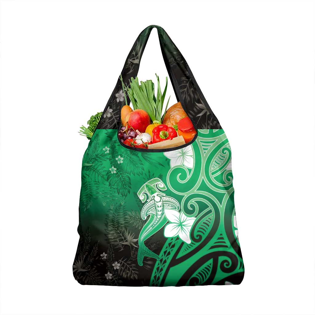 Polynesia Hammerhead Shark Grocery Bag Green Tribal Pattern With Plumeria - Polynesian Pride
