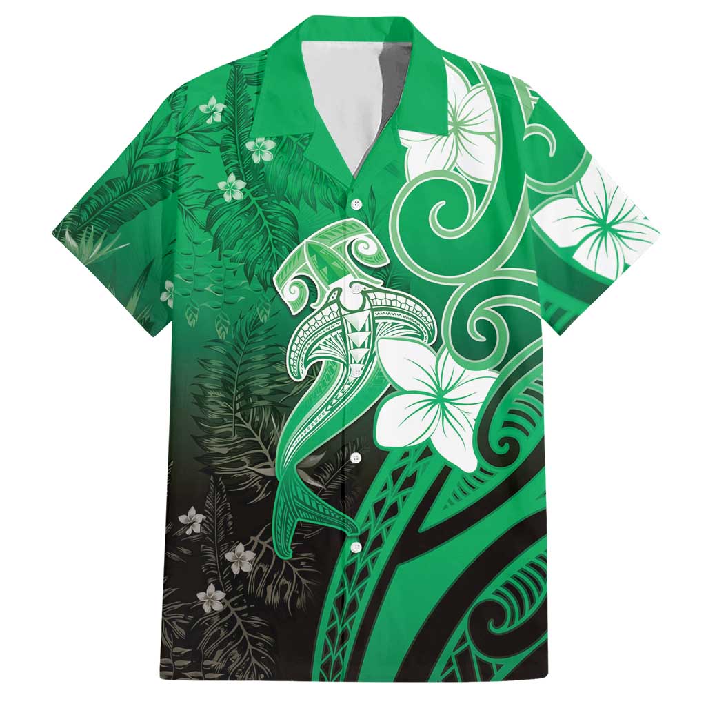 Polynesia Hammerhead Shark Hawaiian Shirt Green Tribal Pattern With Plumeria - Polynesian Pride