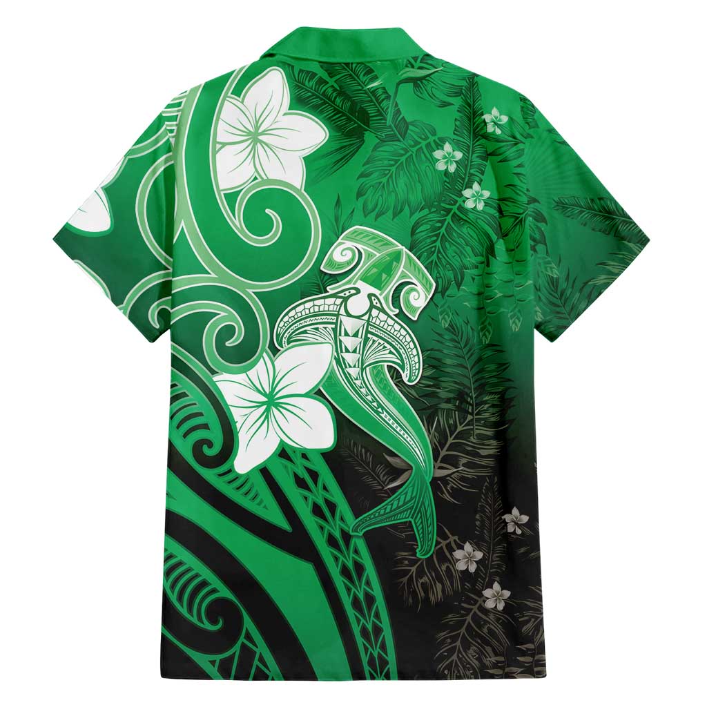 Polynesia Hammerhead Shark Hawaiian Shirt Green Tribal Pattern With Plumeria LT05 - Polynesian Pride