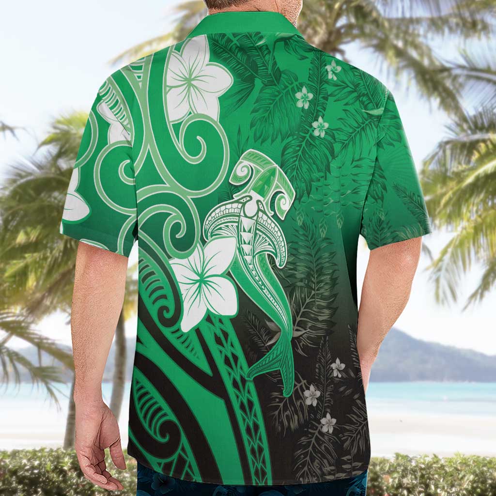 Polynesia Hammerhead Shark Hawaiian Shirt Green Tribal Pattern With Plumeria LT05 - Polynesian Pride