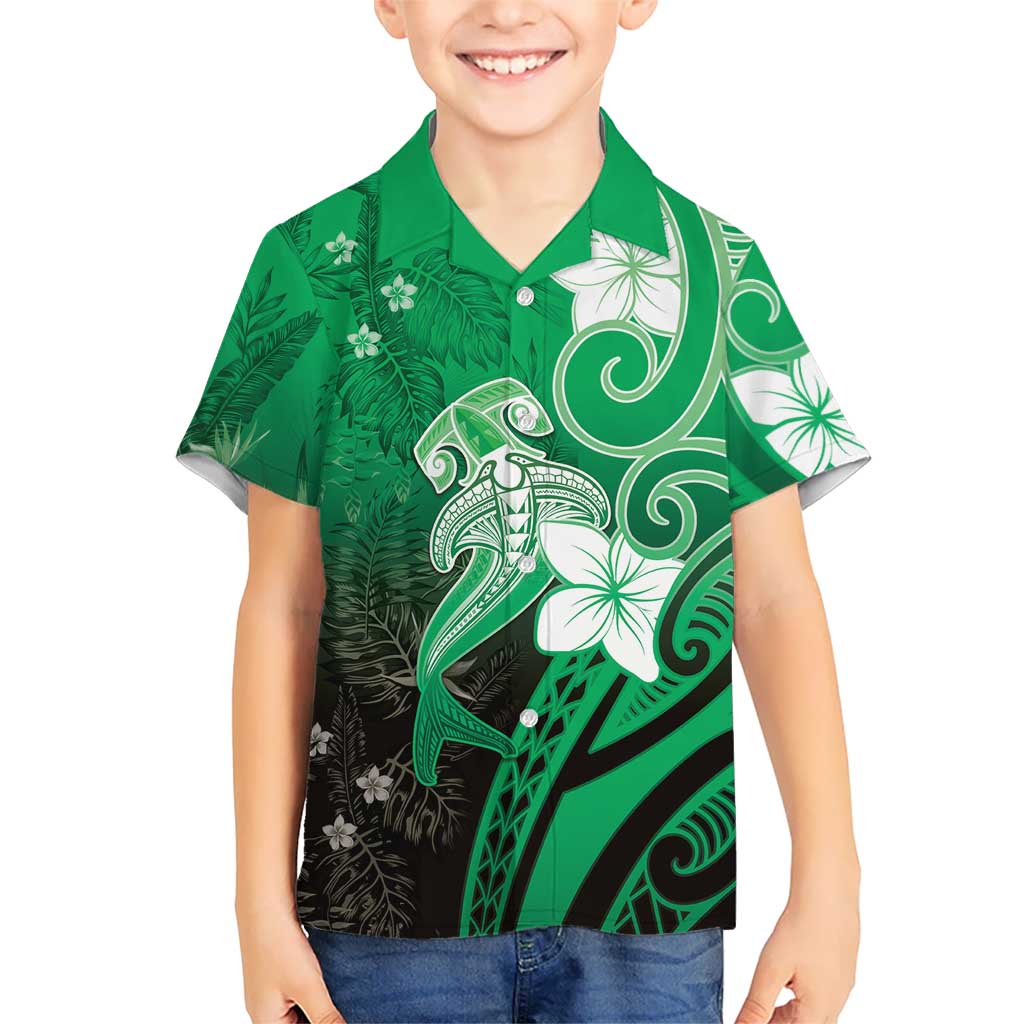 Polynesia Hammerhead Shark Hawaiian Shirt Green Tribal Pattern With Plumeria LT05 - Polynesian Pride