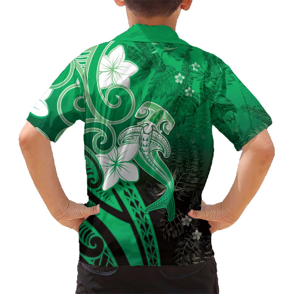 Polynesia Hammerhead Shark Hawaiian Shirt Green Tribal Pattern With Plumeria LT05 - Polynesian Pride