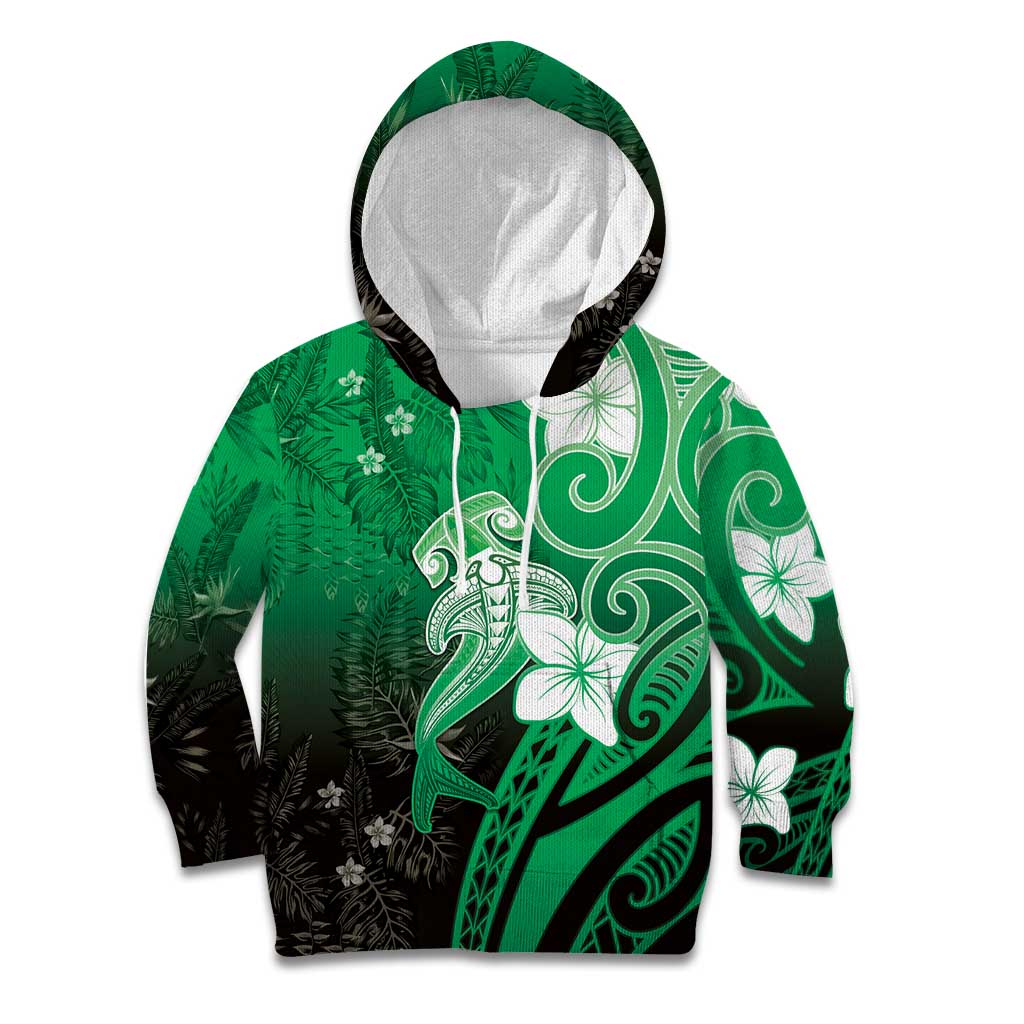 Polynesia Hammerhead Shark Kid Hoodie Green Tribal Pattern With Plumeria LT05 Hoodie Green - Polynesian Pride
