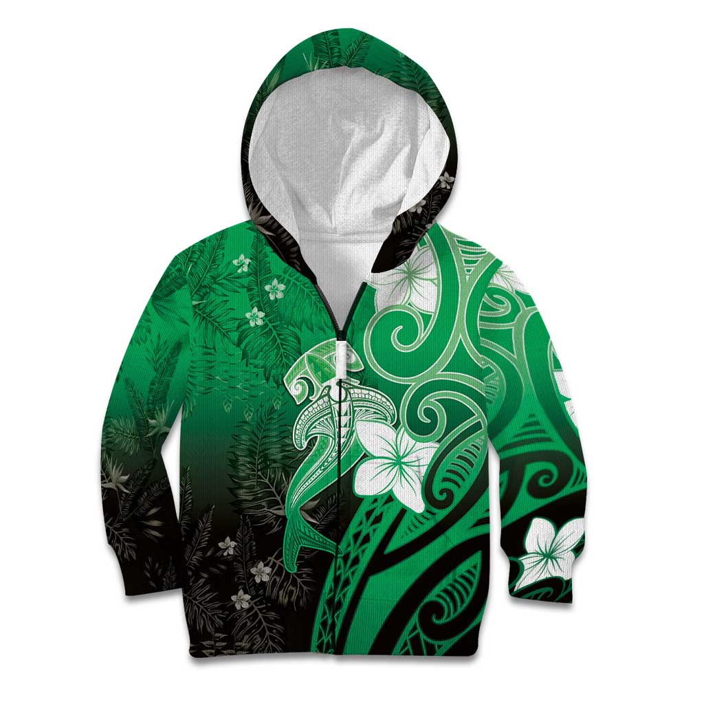 Polynesia Hammerhead Shark Kid Hoodie Green Tribal Pattern With Plumeria LT05 Zip Hoodie Green - Polynesian Pride
