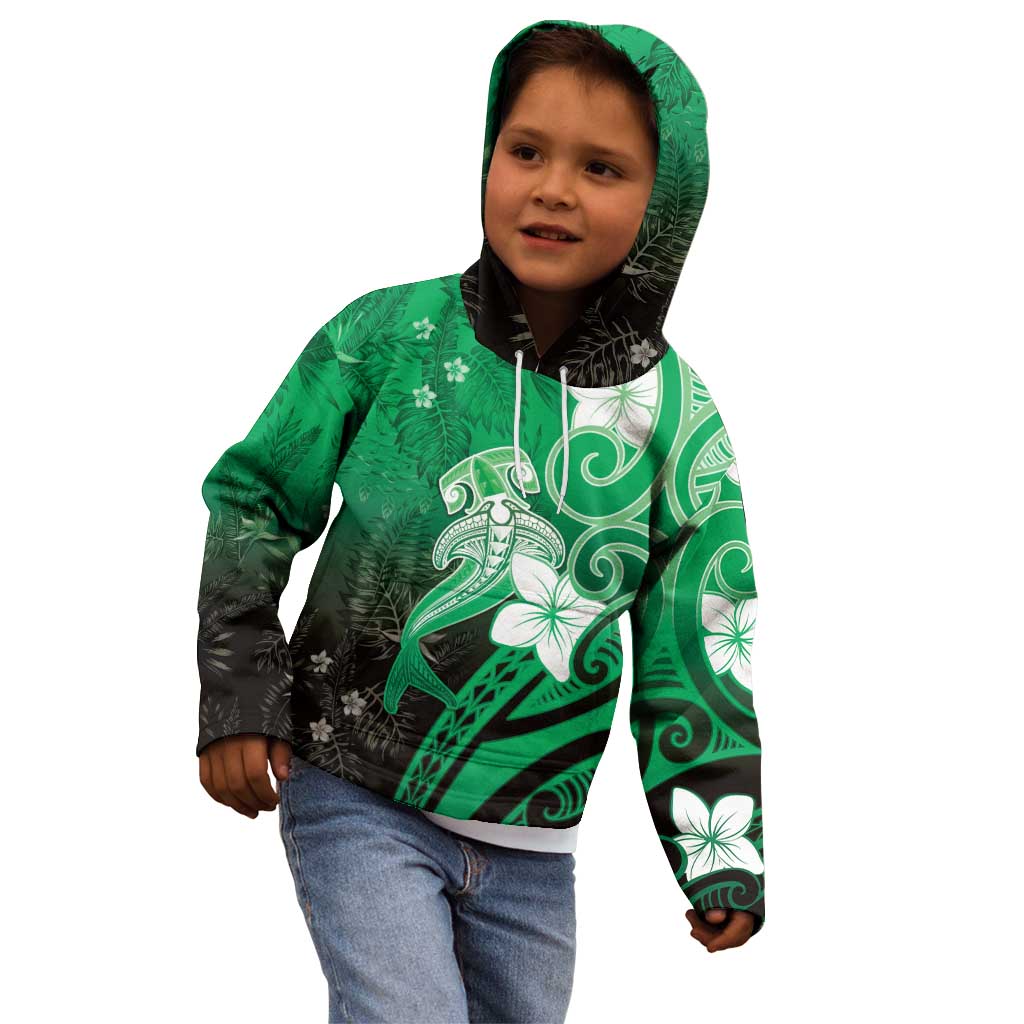 Polynesia Hammerhead Shark Kid Hoodie Green Tribal Pattern With Plumeria LT05 - Polynesian Pride