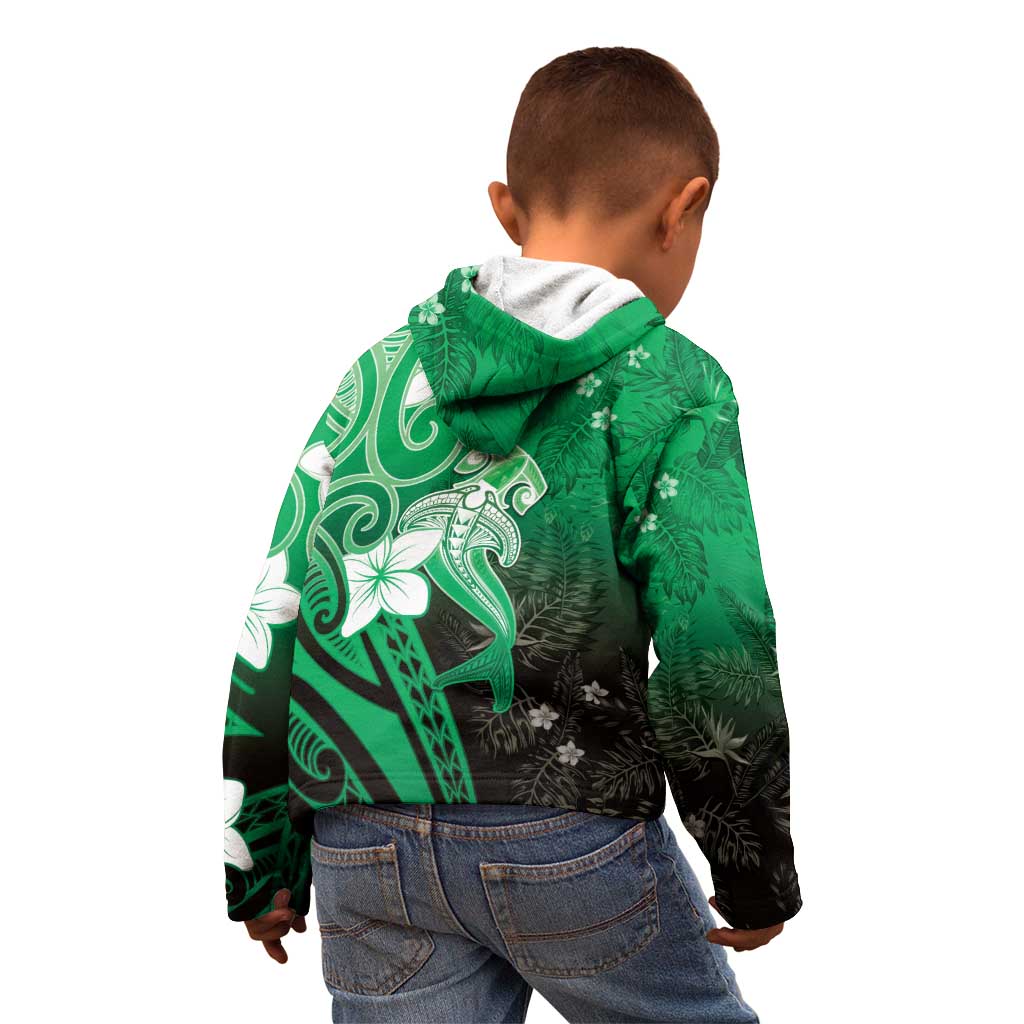 Polynesia Hammerhead Shark Kid Hoodie Green Tribal Pattern With Plumeria LT05 - Polynesian Pride