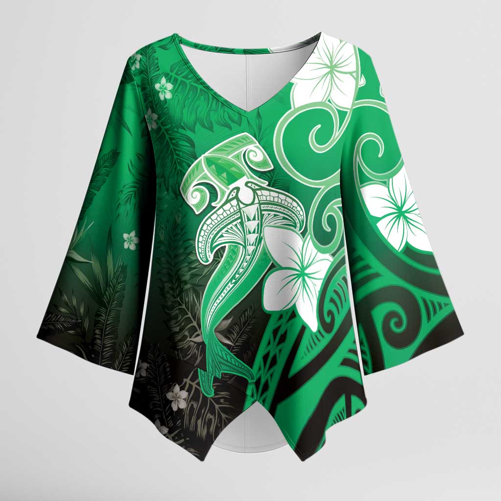 Polynesia Hammerhead Shark Kimono Sleeve Blouse Green Tribal Pattern With Plumeria LT05 Female Green - Polynesian Pride