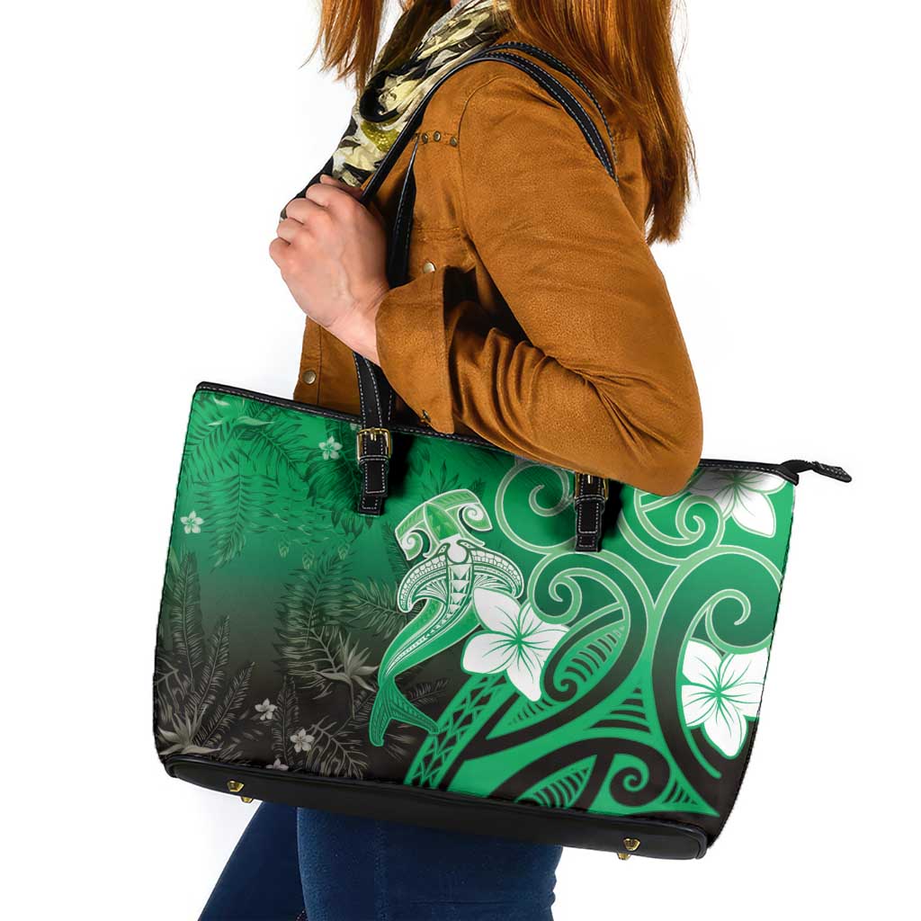 Polynesia Hammerhead Shark Leather Tote Bag Green Tribal Pattern With Plumeria LT05 Green - Polynesian Pride