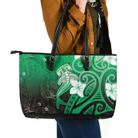 Polynesia Hammerhead Shark Leather Tote Bag Green Tribal Pattern With Plumeria LT05 - Polynesian Pride