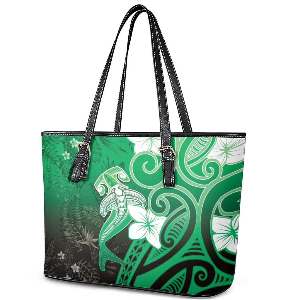 Polynesia Hammerhead Shark Leather Tote Bag Green Tribal Pattern With Plumeria LT05 - Polynesian Pride