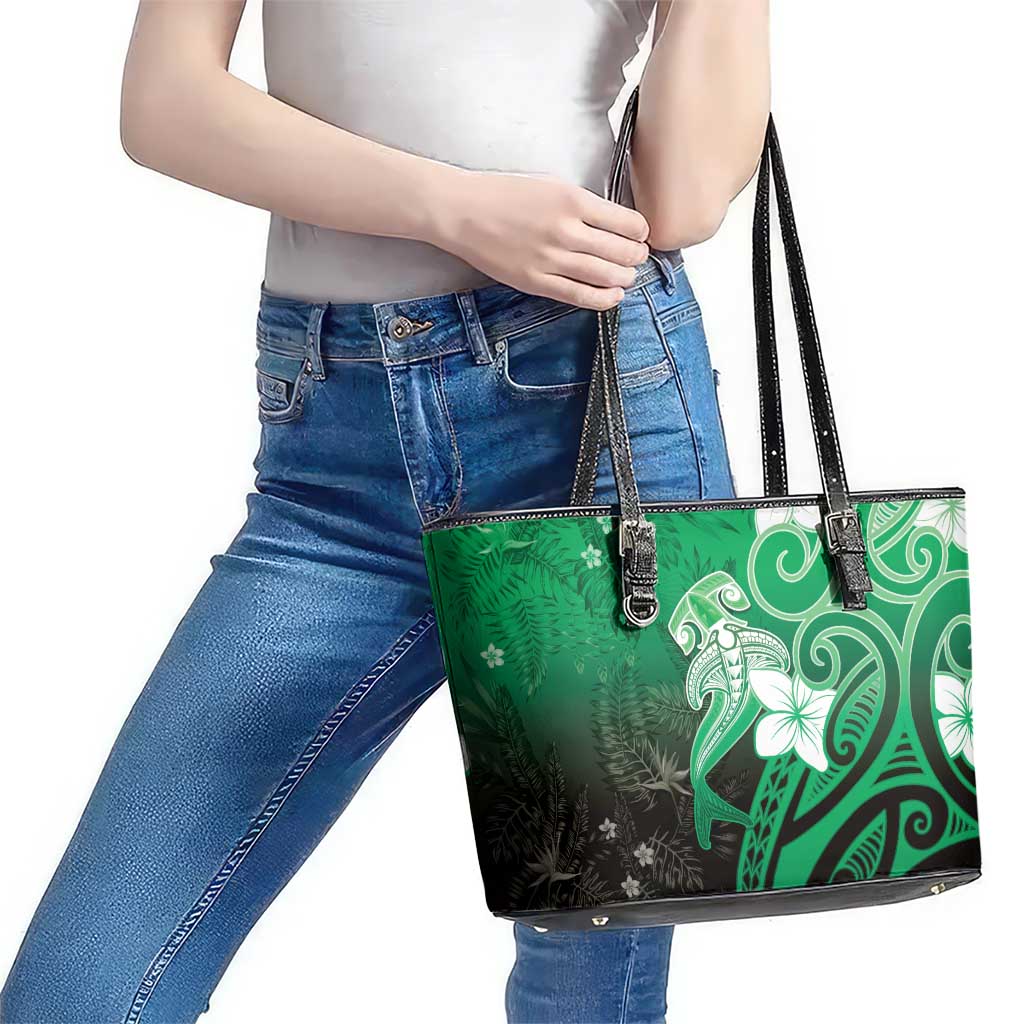 Polynesia Hammerhead Shark Leather Tote Bag Green Tribal Pattern With Plumeria LT05 - Polynesian Pride
